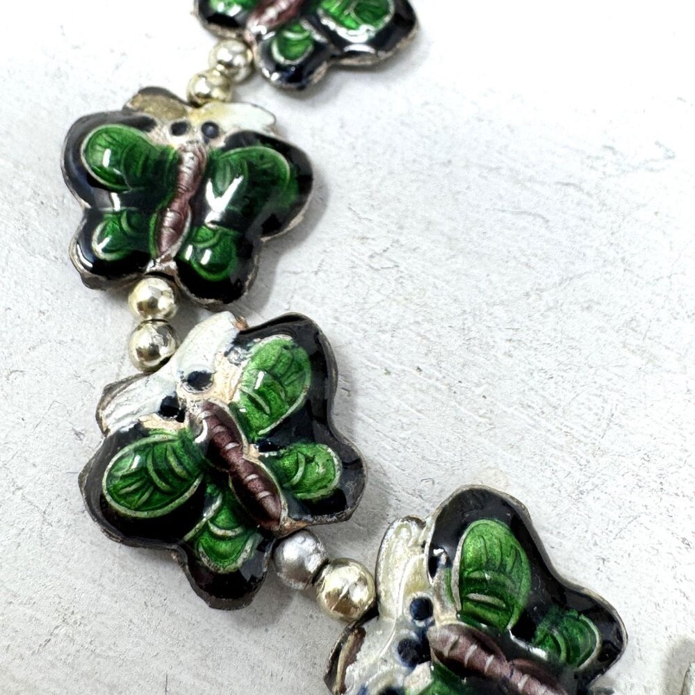 Vintage Green & Black Enamel Butterfly Beads Silver 12 x 9mm